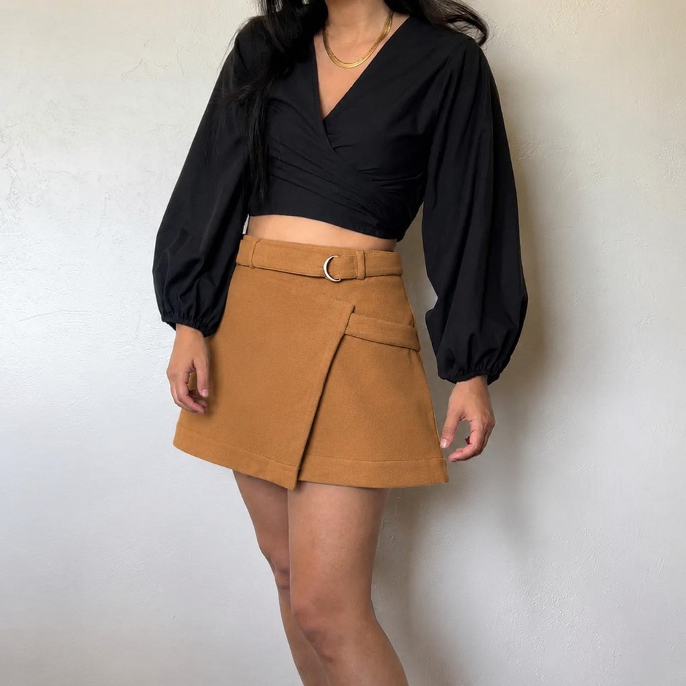 Anthropologie Maeve Wrap Mini Skirt Sz 8 Belted Camel Wool Blend Preppy Fall